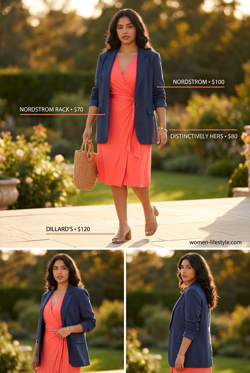 Coral wrap dress, navy blazer, tan sandals for transitional summer to fall dress outfits 2026.