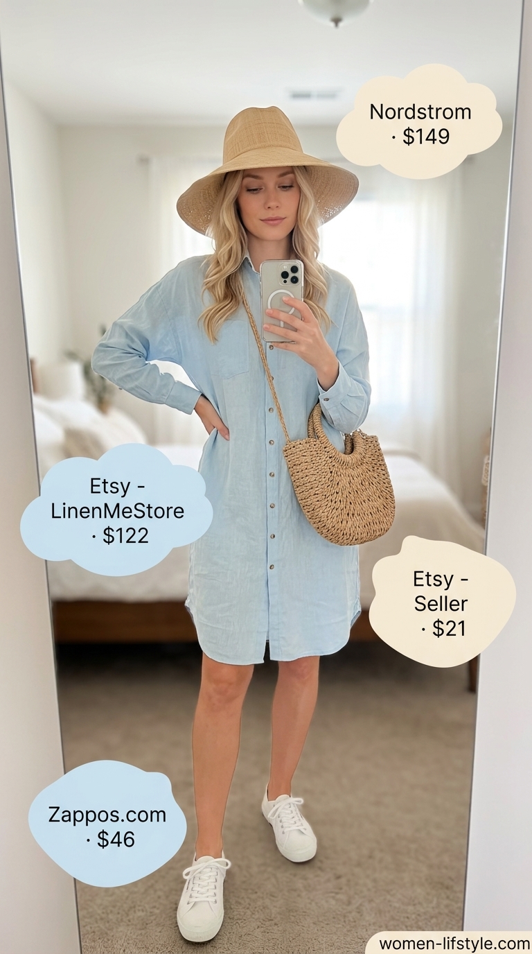 Airy linen shirt dress outfit for summer to fall transition 2026. Sky blue dress, white sneakers, straw hat.