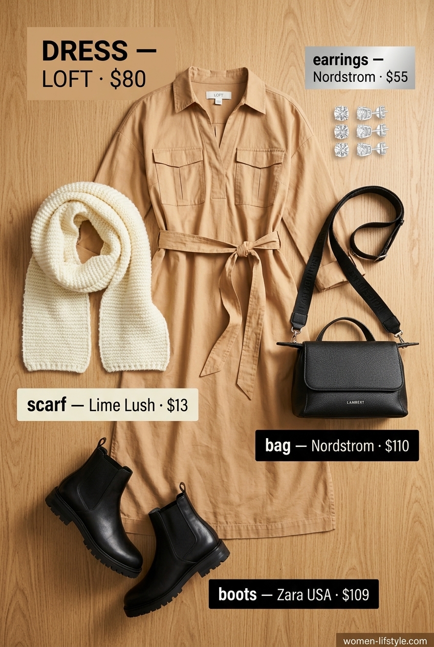 Relaxed shirtdress outfit for summer to fall transition 2026. Tan shirtdress, cream scarf, black boots.