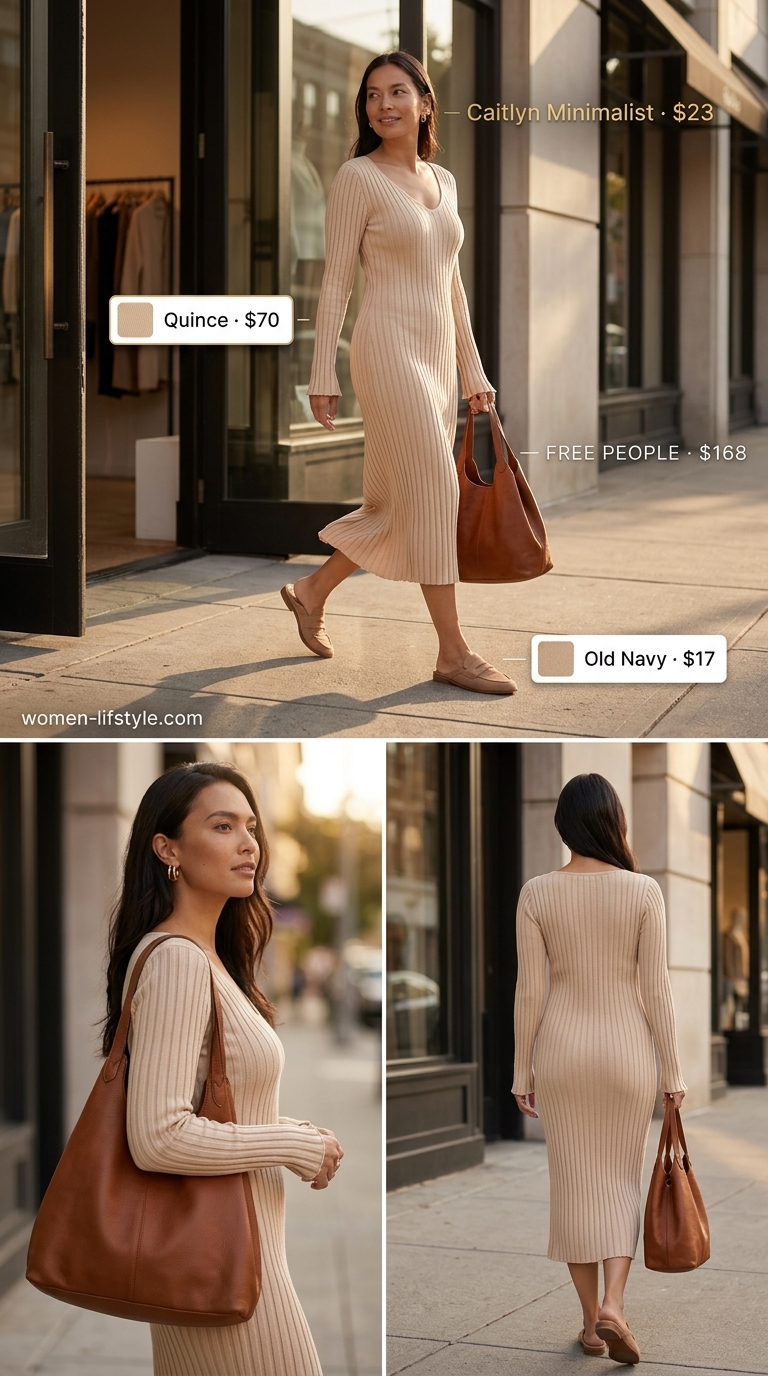 Cozy knit comfort dress outfit for summer to fall transition 2026. Beige dress, plaid shirt, brown bag.