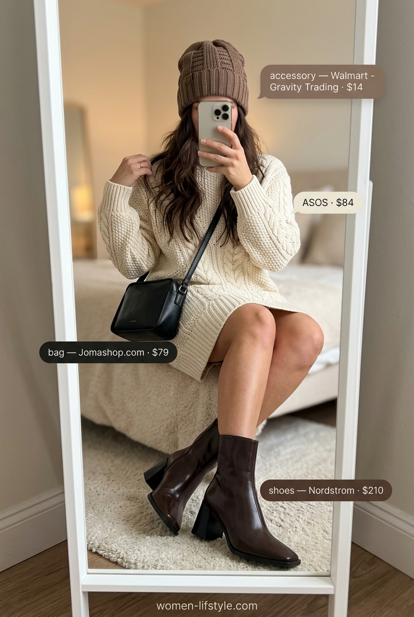 Chic sweater dress outfit for summer to fall transition 2026. Cream dress, brown boots, black bag.
