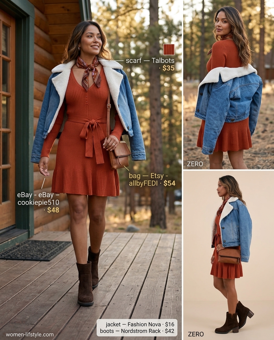 Earthy tones mini dress outfit for summer to fall transition 2026. Rust knit dress, brown boots, cream scarf, denim jacket.