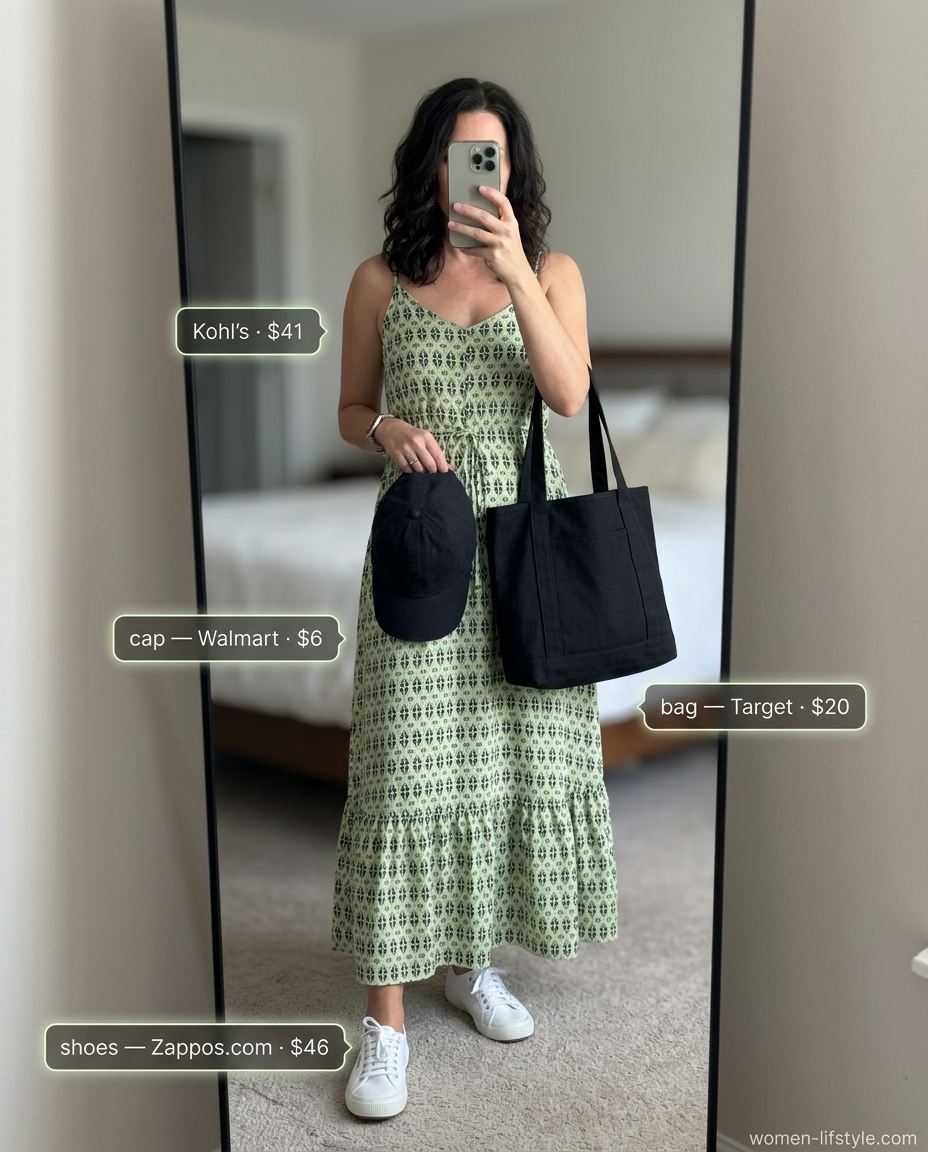 Edgy utility jumpsuit outfit for summer to fall transition 2026. Olive green jumpsuit, black tote, white sneakers.