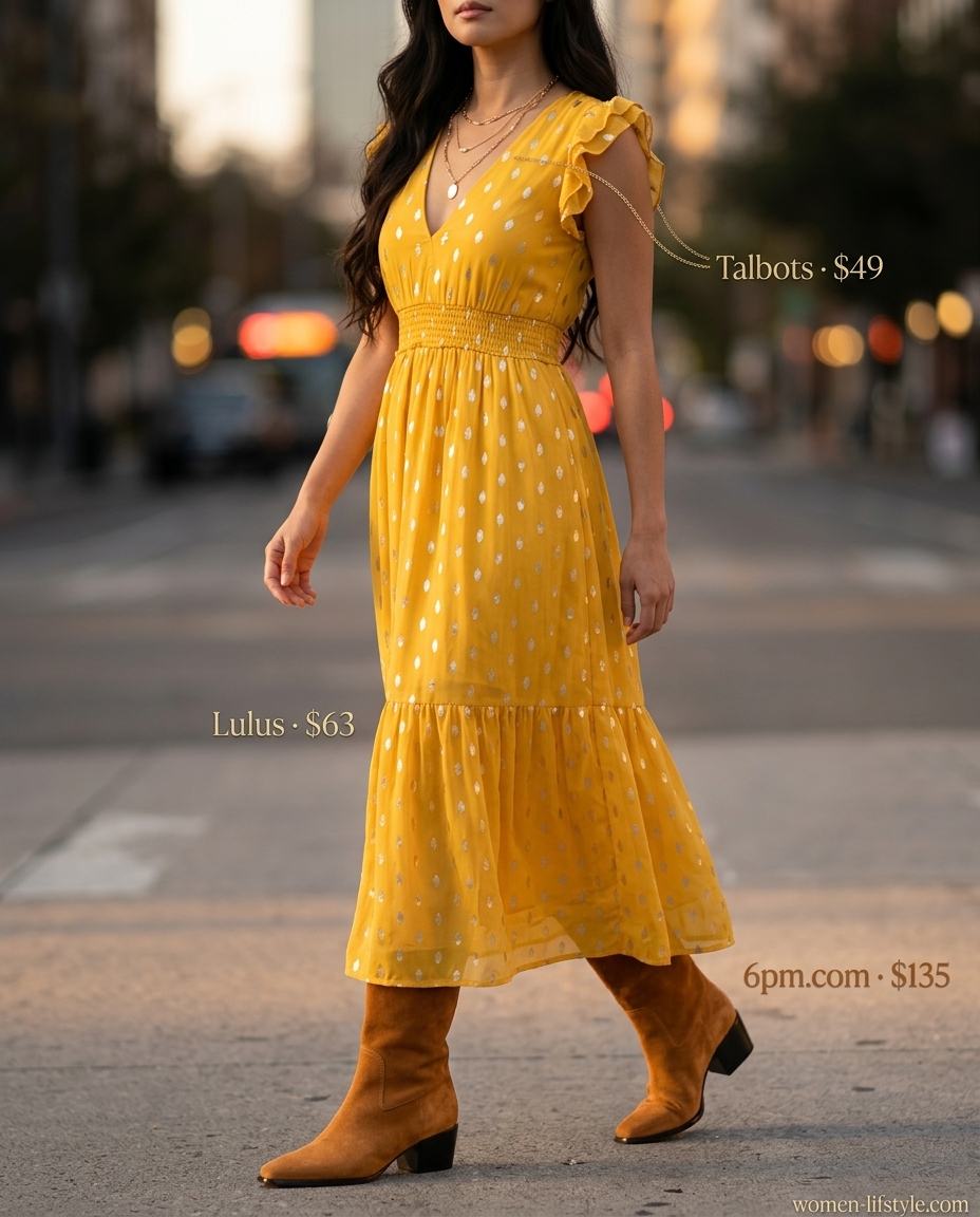 Golden hour glow dress outfit for summer to fall transition 2026. Yellow midi dress, tan boots, cream tote.