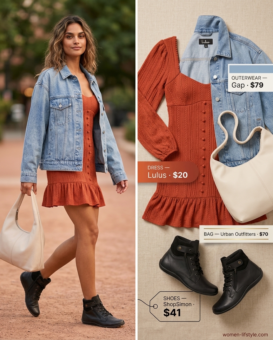 Earthy terracotta dress outfit for summer to fall transition 2026. Terracotta dress, denim jacket, black boots.