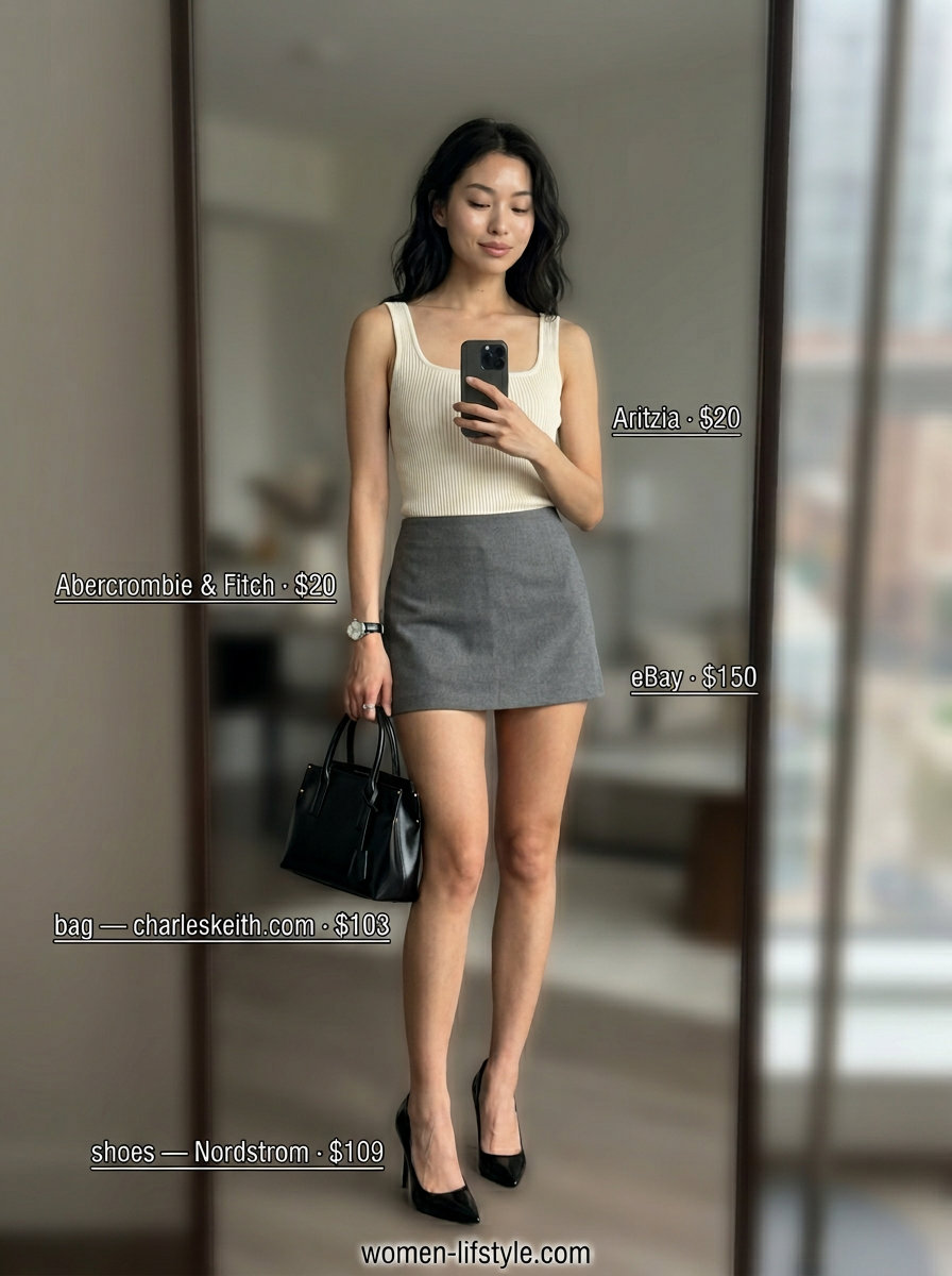 Beige ultra-mini skirt, cream sleeveless top, black stiletto heels, and black top-handle bag for summer outfits 2026.