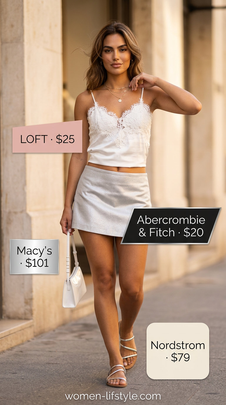 Blush pink ultra-mini skirt, white lace camisole, silver sandals, and white shoulder bag for summer outfits 2026.