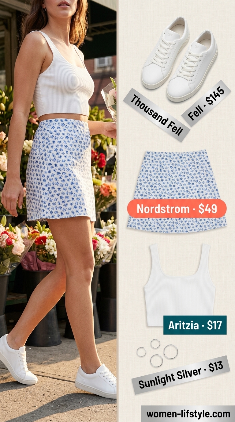 Playful floral summer ultra-mini outfits for women 2026: floral skirt, crop top, sneakers.