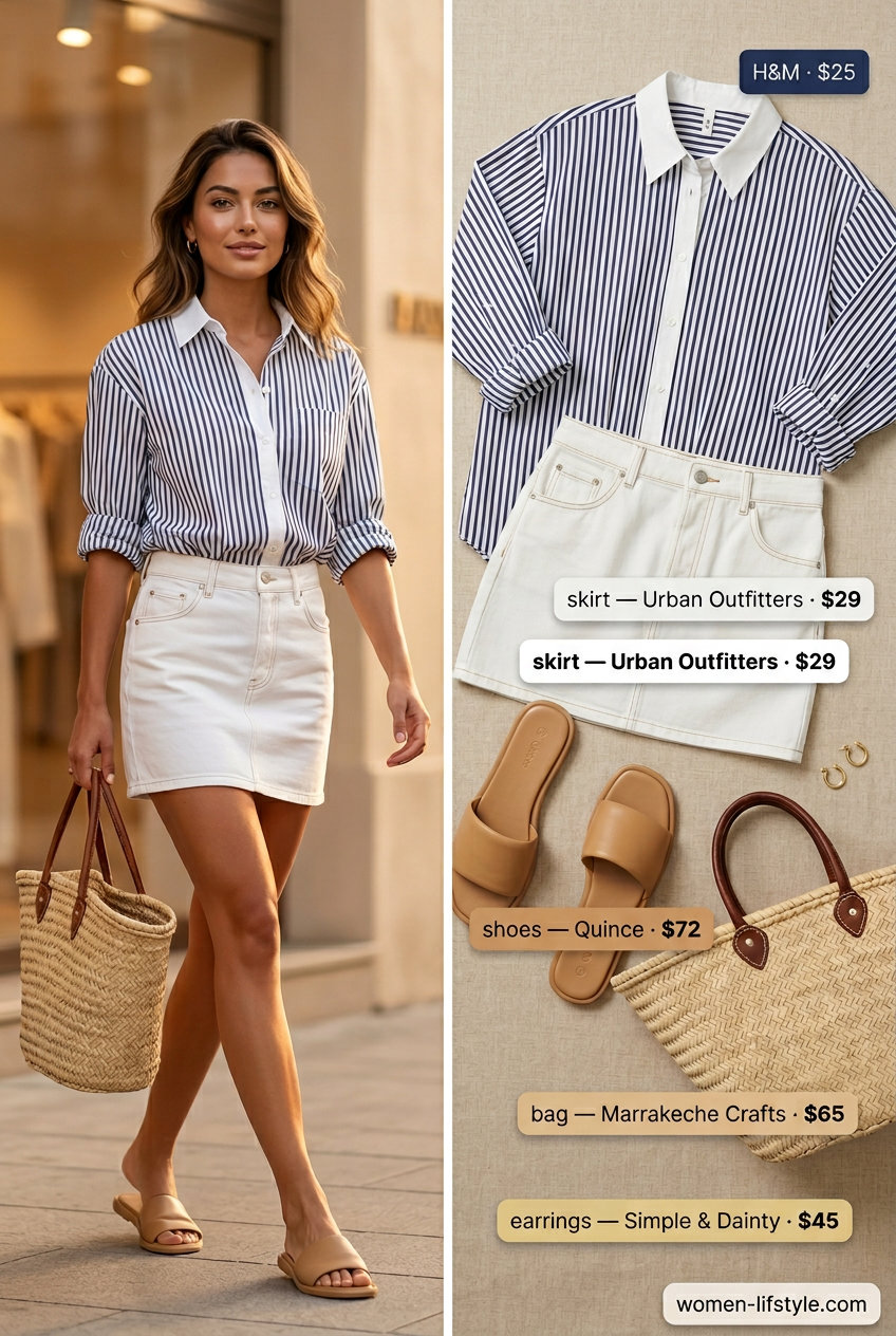 Nautical coastal summer ultra-mini outfits for women 2026: denim skirt, striped shirt, straw tote.