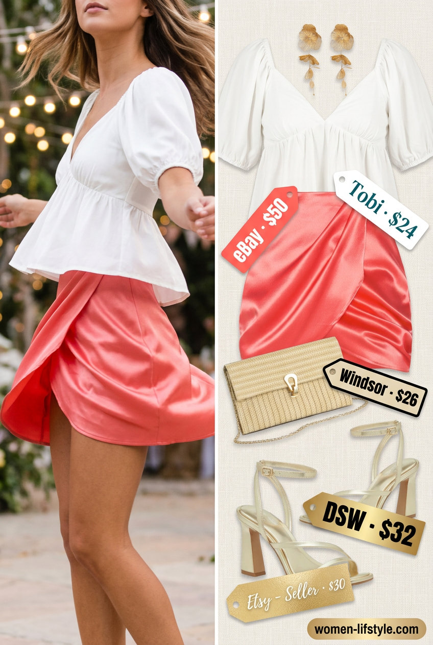 Summer party ultra-mini outfit: coral skirt, white puff sleeve blouse, gold heels & woven clutch.