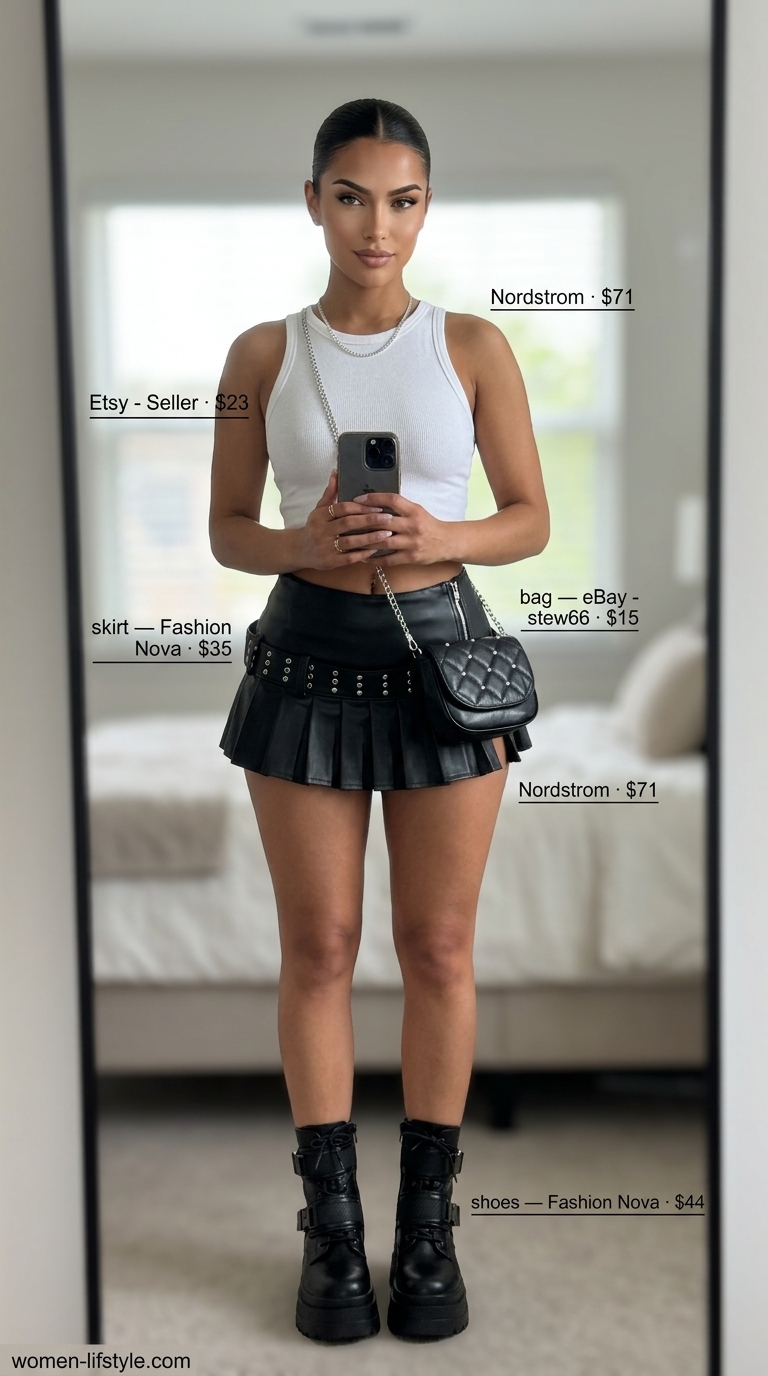 Edgy night out summer ultra-mini outfit: black skirt, band tee, combat boots & silver necklace.