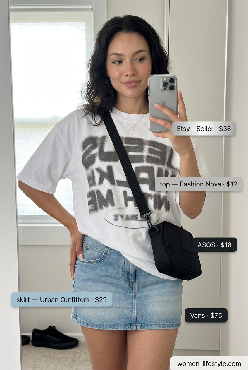 Casual cool summer ultra-mini outfit: khaki skirt, graphic tee, canvas sneakers & silver necklace.