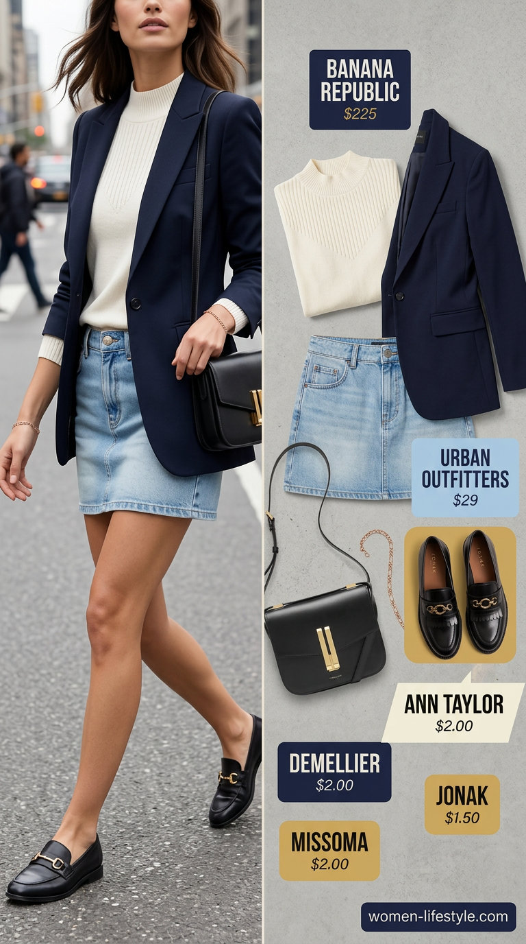 Navy blazer, cream mock neck top, khaki ultra-mini skirt, leather loafers, and crossbody bag for summer outfits 2026.