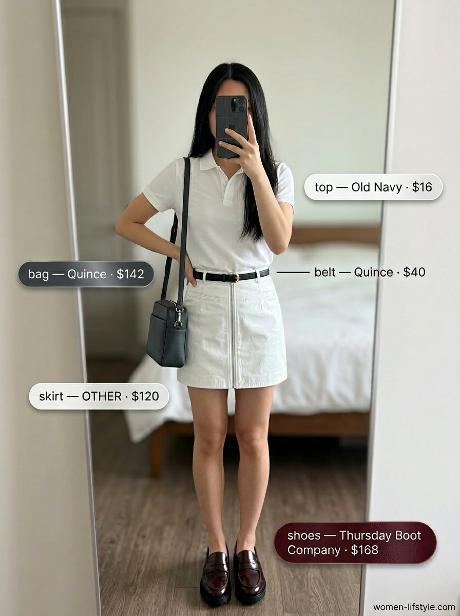 Modern preppy summer ultra-mini outfit: navy skirt, white polo, burgundy loafers & black belt.