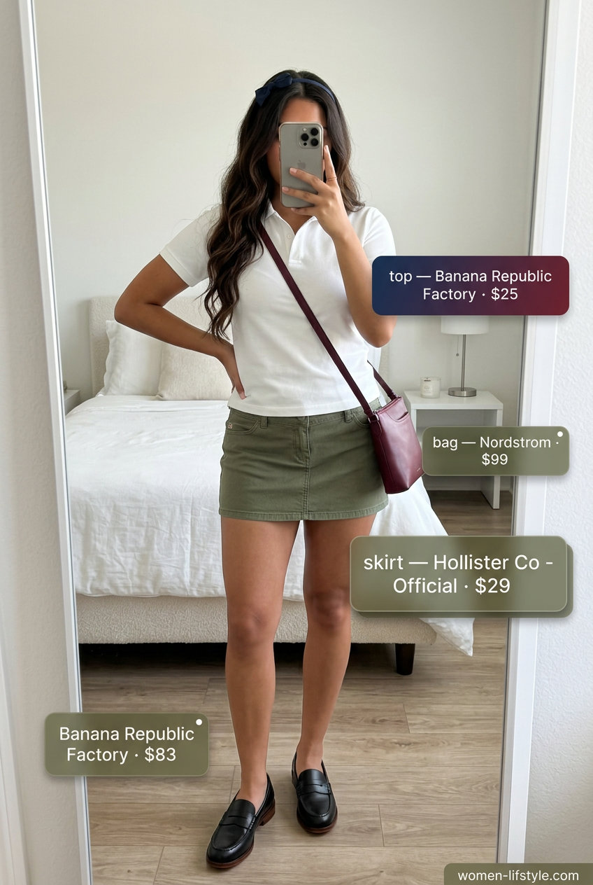 Preppy summer ultra-mini outfit: navy plaid skirt, white polo, penny loafers & red crossbody bag.