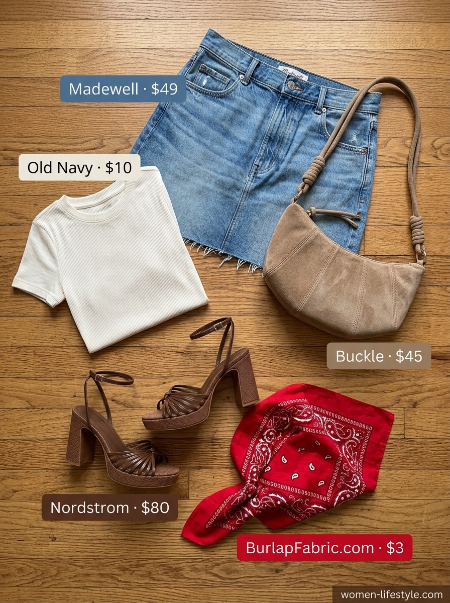 Retro denim summer ultra-mini outfits for women 2026: denim skirt, platform sandals, bandana.