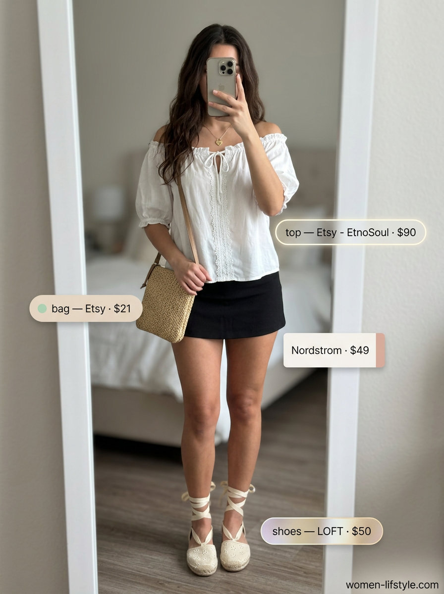 Romantic picnic summer ultra-mini outfits for women 2026: floral skirt, off-shoulder top, espadrilles.