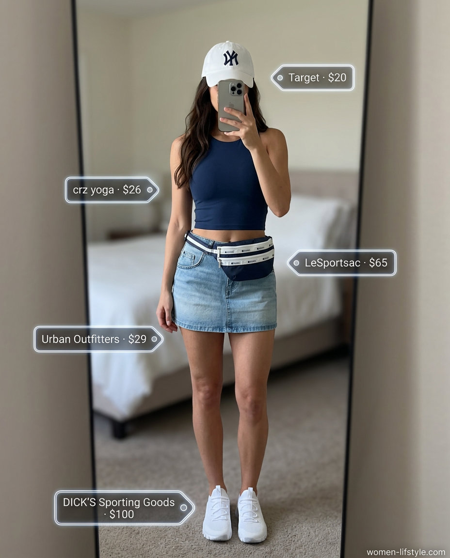 Sporty summer ultra-mini outfits for women 2026: coral skirt, athletic top, belt bag.