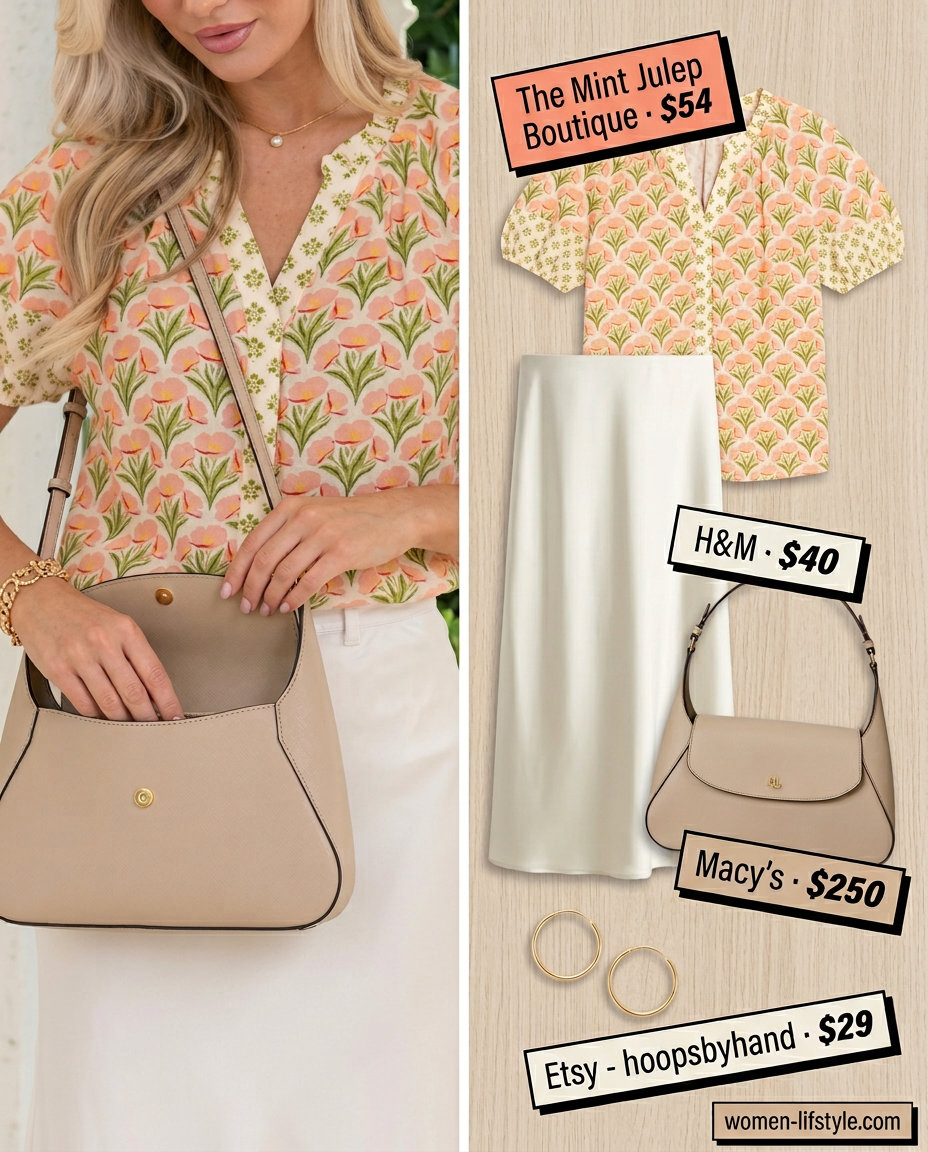 Playful brunch look: Coral floral v-neck blouse, cream midi skirt, light pink heels for summer v-neck outfits women 2026.