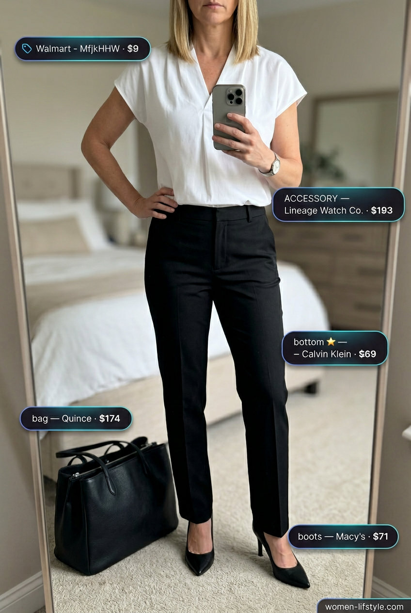 Business casual: White v-neck blouse, black tailored trousers, black stilettos for summer v-neck outfits women 2026.