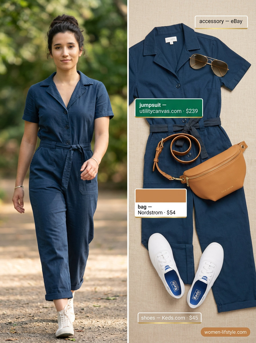 Weekend getaway outfit: Utility blue v-neck jumpsuit, white sneakers, tan belt bag for summer v-neck outfits women 2026.