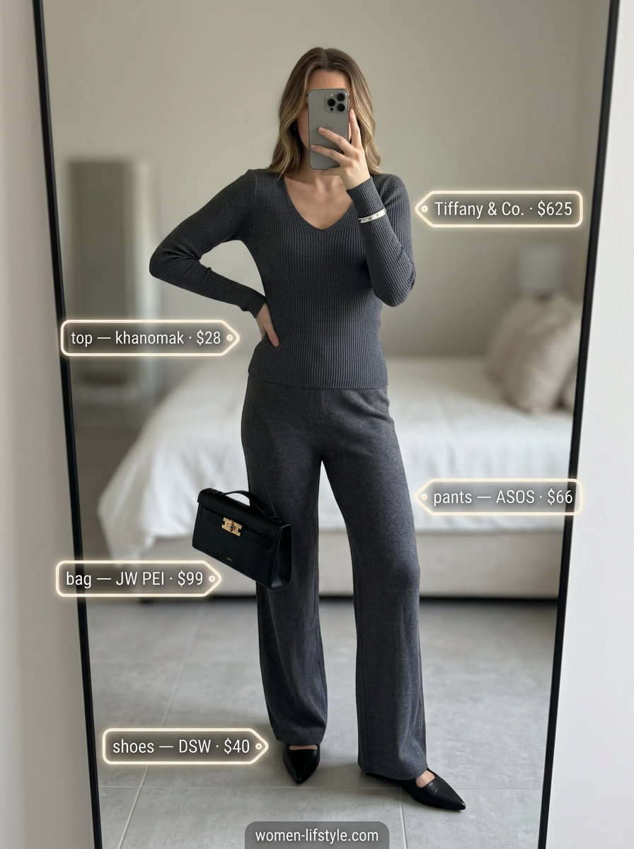 Chic loungewear: Charcoal grey v-neck knit top, matching wide-leg pants, black mules for summer v-neck outfits women 2026.