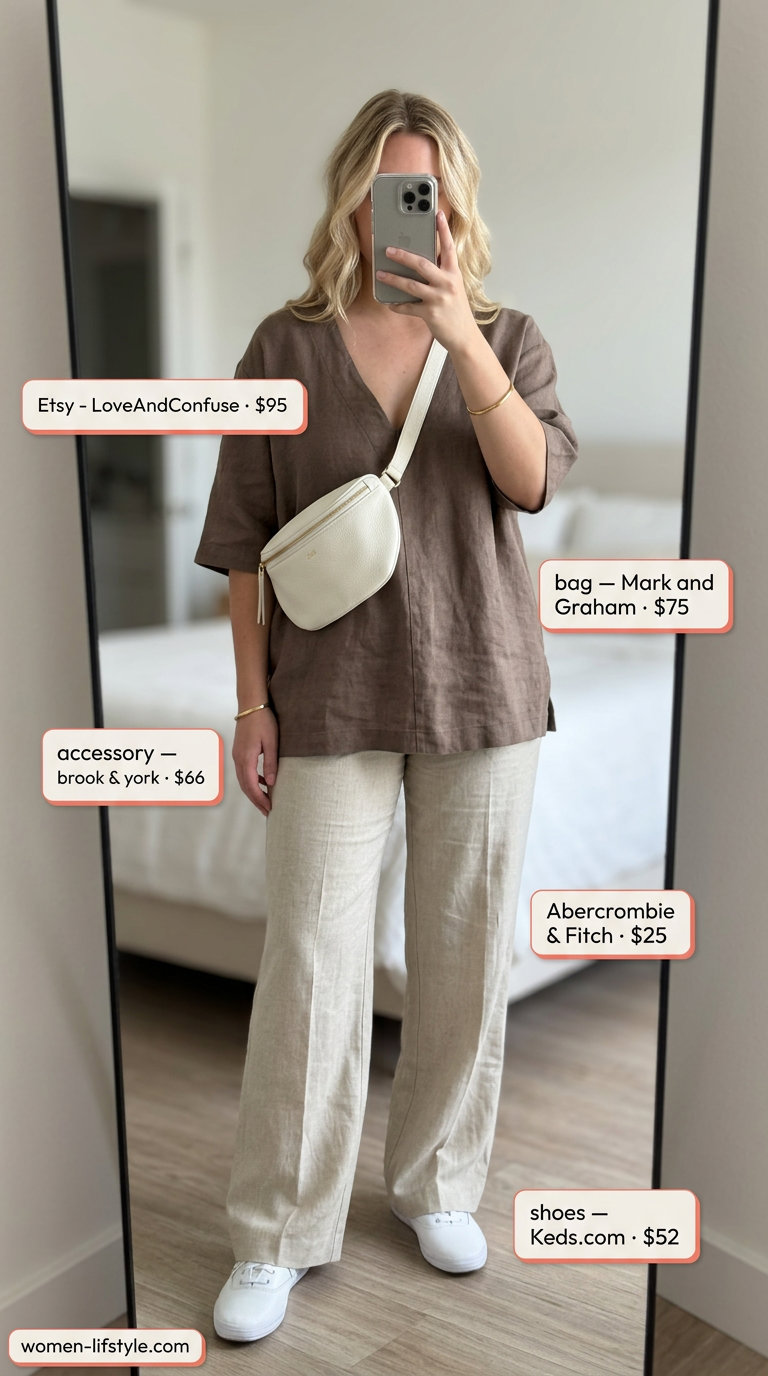 Chic travel outfit: Beige v-neck linen tunic, matching wide-leg pants, white sneakers for summer v-neck outfits women 2026.