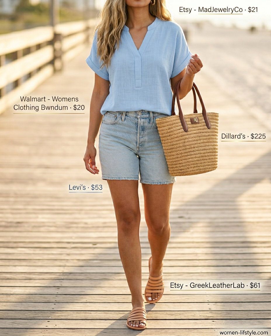 Relaxed coastal style: Sky blue v-neck linen top, light wash denim shorts, tan slides for summer v-neck outfits women 2026.