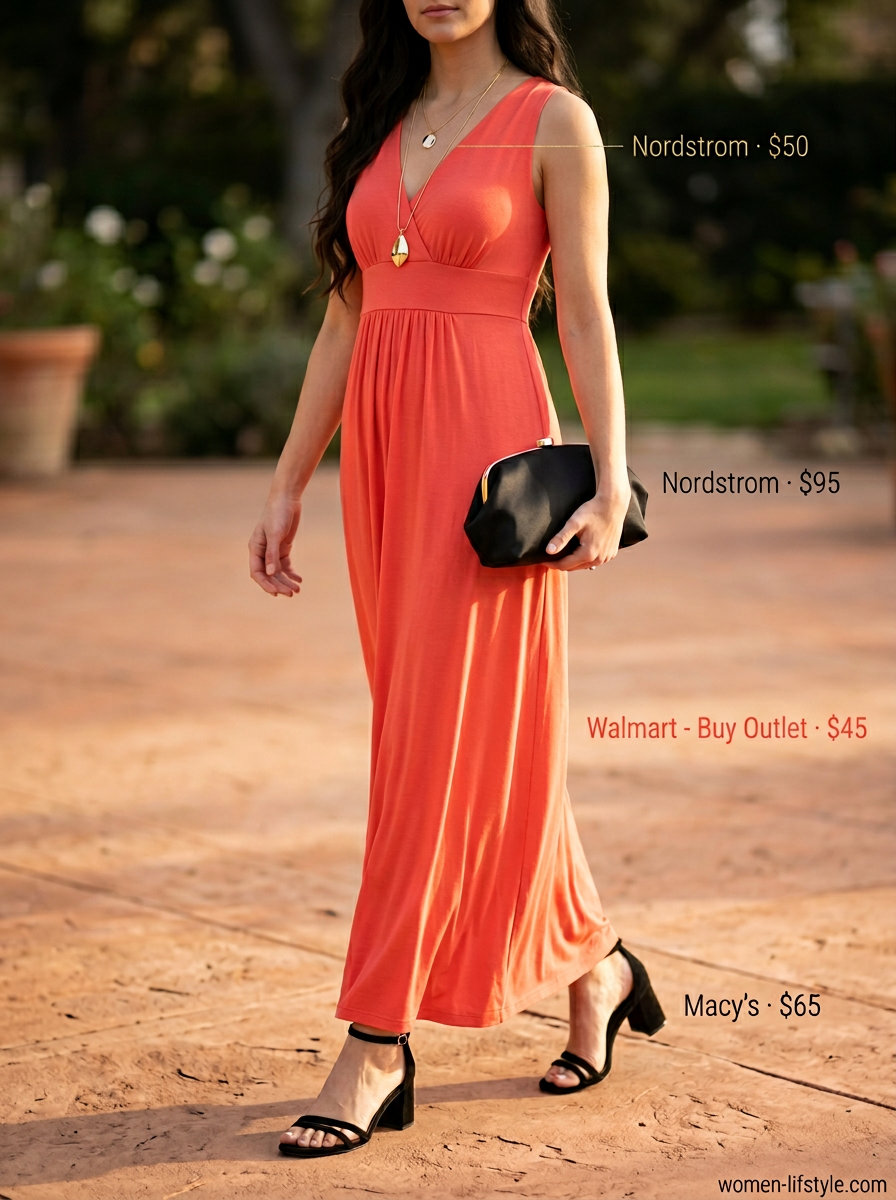 Elegant summer date night: Vibrant coral v-neck maxi dress, black block heels, gold necklaces for summer v-neck outfits women 2026.