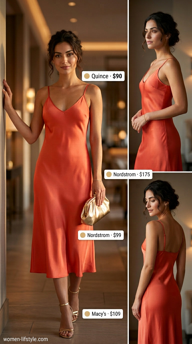 Sophisticated summer evening: Coral satin v-neck slip dress, champagne gold heels, metallic clutch for summer v-neck outfits women 2026.