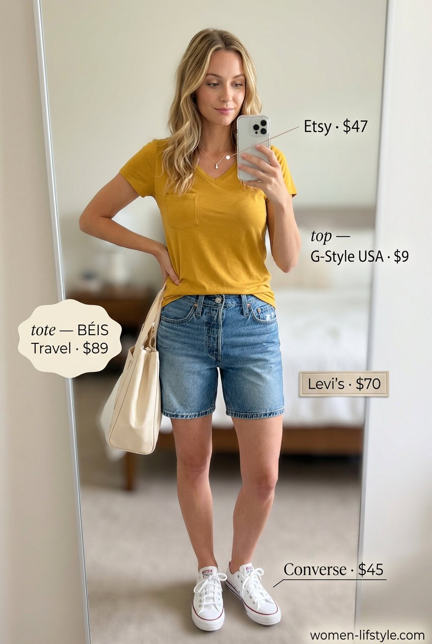 Casual summer v-neck outfits women 2026: Mustard yellow v-neck tee, blue denim shorts, white sneakers, silver necklace.