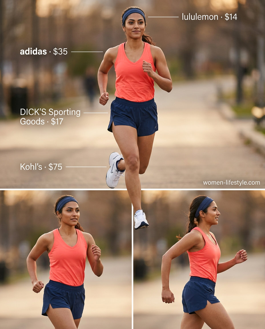 Coral v-neck athletic tank top and navy shorts for active summer outfits women 2026.