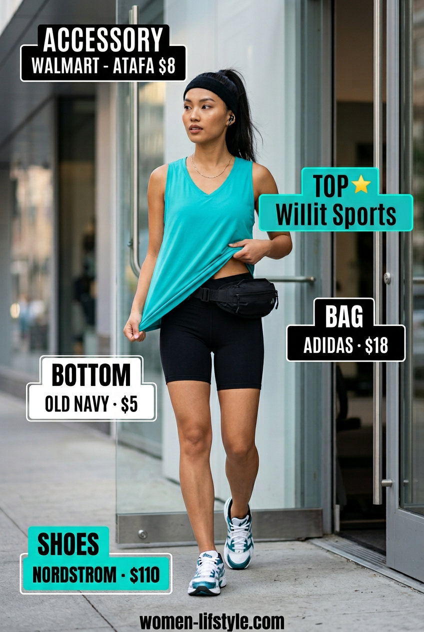 Teal v-neck performance tank top and black biker shorts for active summer outfits women 2026.