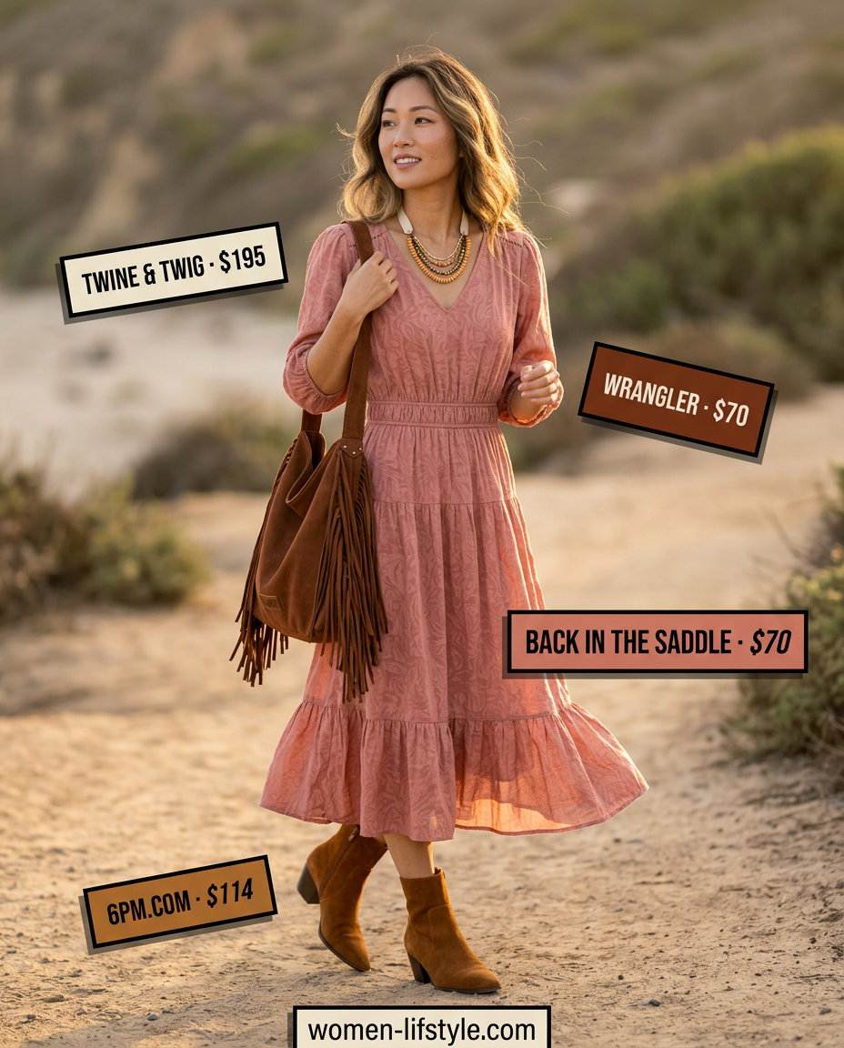 Bohemian summer v-neck maxi dress in rust orange and cream with suede boots and fringe bag for festival style 2026.