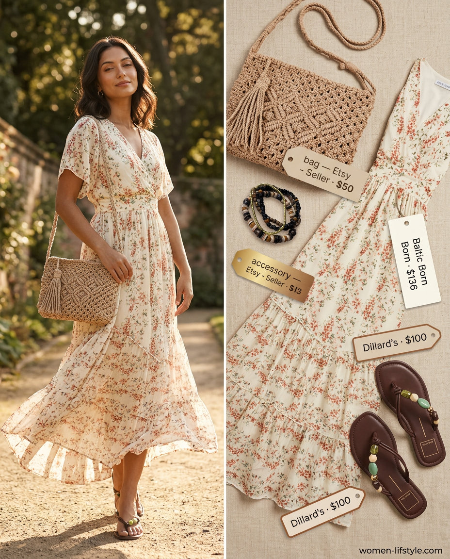 Boho floral v-neck maxi dress with embellished sandals for summer outfits women 2026.