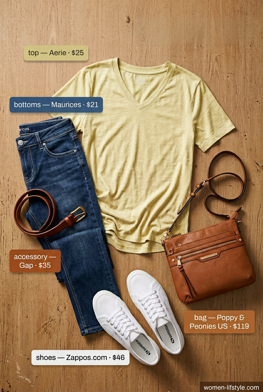 Mustard yellow v-neck tee, blue jeans, and white sneakers for casual summer outfits women 2026.