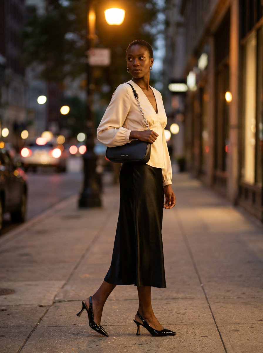 Cream v-neck silk blend tee with black satin midi skirt for chic summer outfits women 2026.