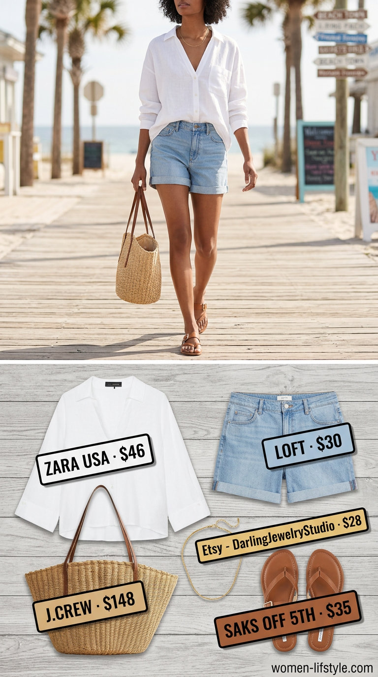 Coastal breeze summer v-neck outfit with oversized linen shirt, denim shorts, and straw tote for beach town 2026.
