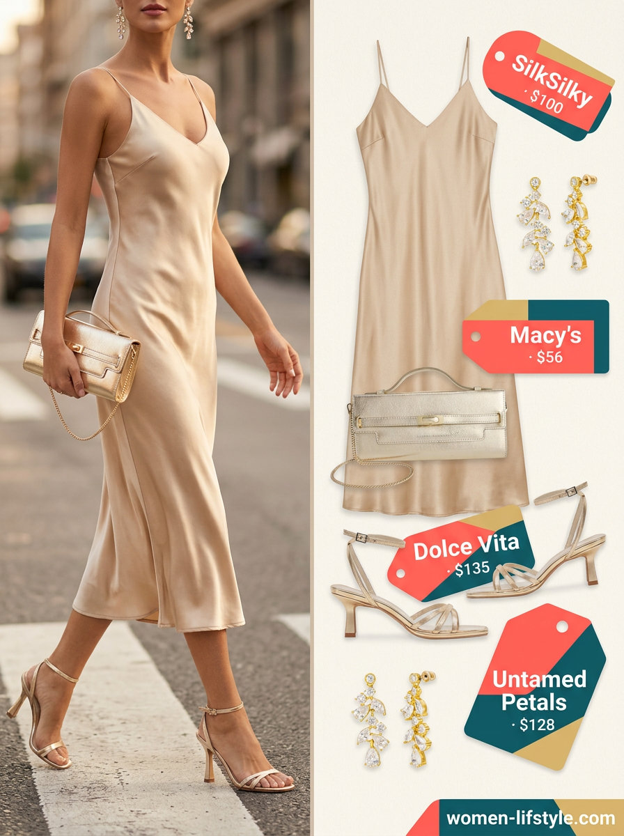 Elegant champagne satin summer v-neck slip dress with gold heels and clutch for evening events 2026.