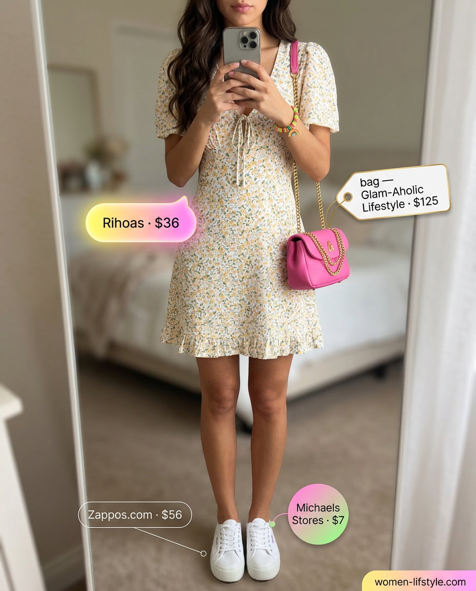 Playful yellow floral summer v-neck mini dress with pink bag and white platform sneakers for daytime events 2026.