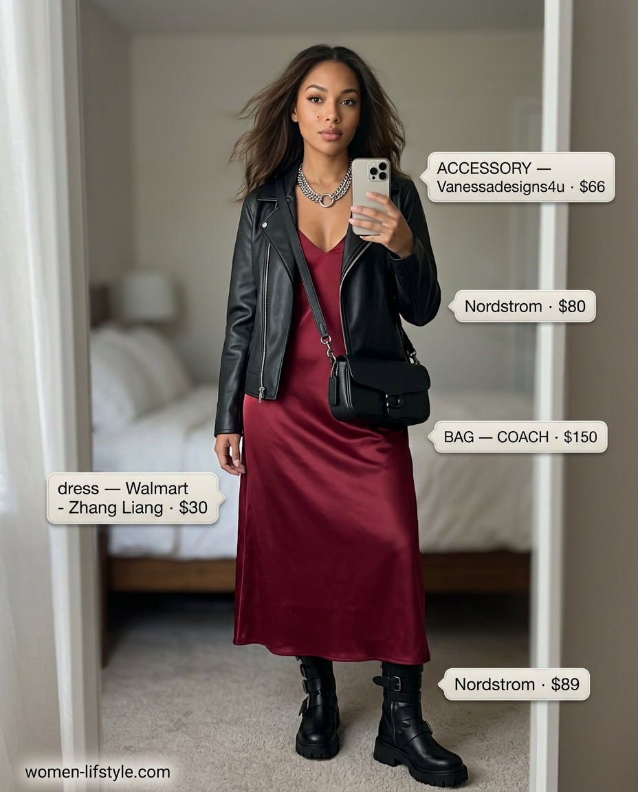 Edgy black v-neck slip dress with moto jacket, combat boots, and silver necklace for a night out 2026.