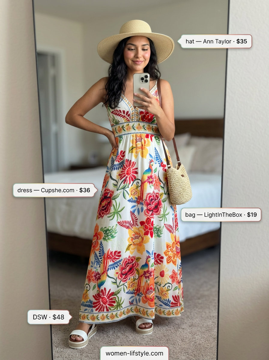 Tropical print v-neck tank dress with espadrilles for vacation summer outfits women 2026.