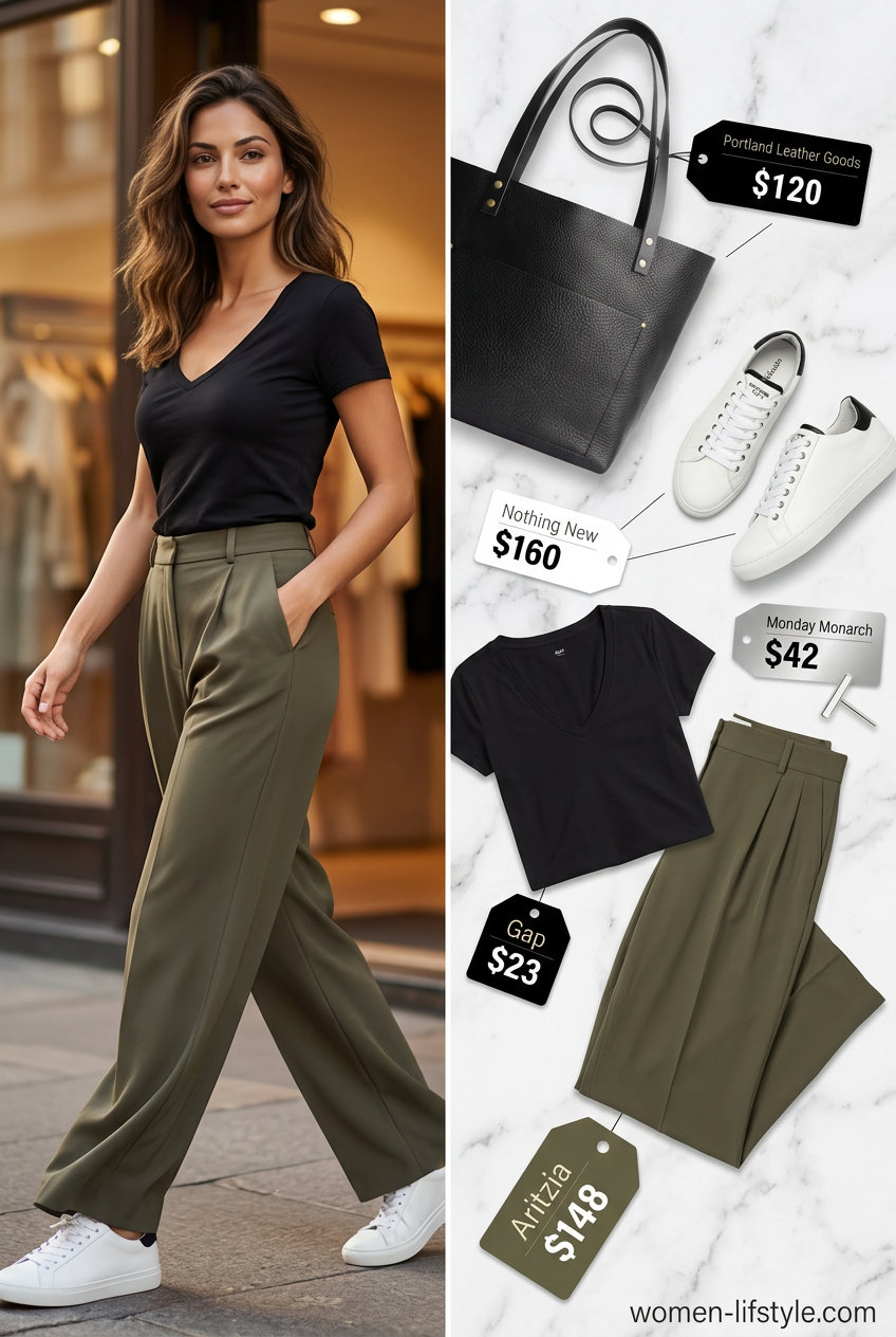 Urban explorer summer v-neck outfit with olive green wide-leg trousers, black fitted tee, and leather sneakers for 2026.