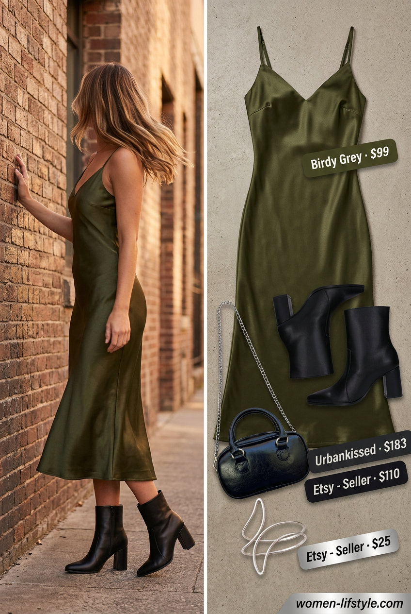 Olive green v-neck midi dress with black ankle boots for urban summer outfits women 2026.