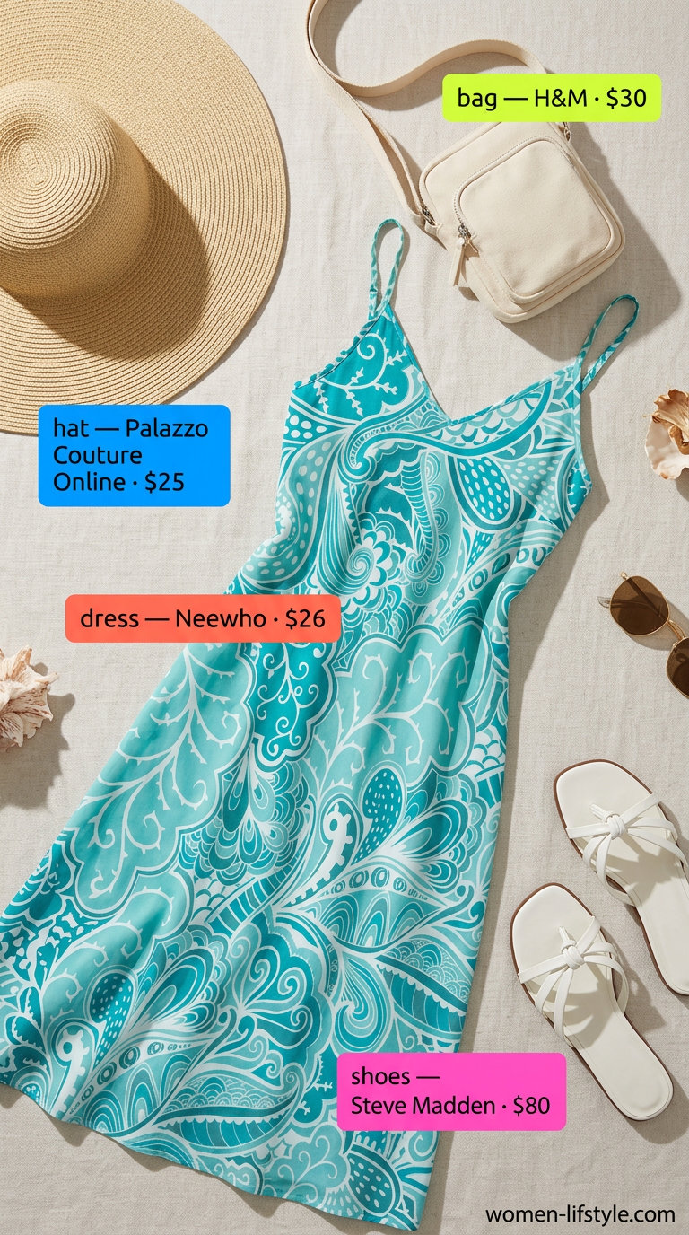Teal and white abstract print v-neck maxi dress for vacation summer outfits women 2026.