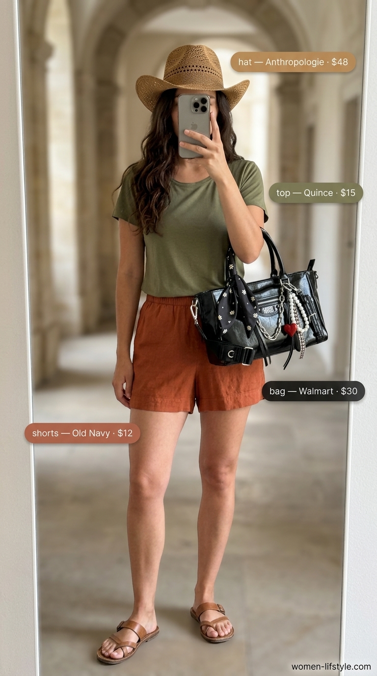 Terracotta orange shorts outfit for summer vacation in Europe 2026. Adventurous Amalfi Coast style with olive green shirt.