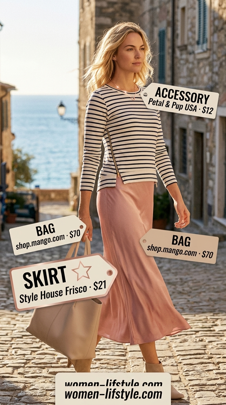 Blush pink satin skirt outfit for summer vacation in Europe 2026. Romantic Amalfi Coast style with ivory camisole and espadrilles.