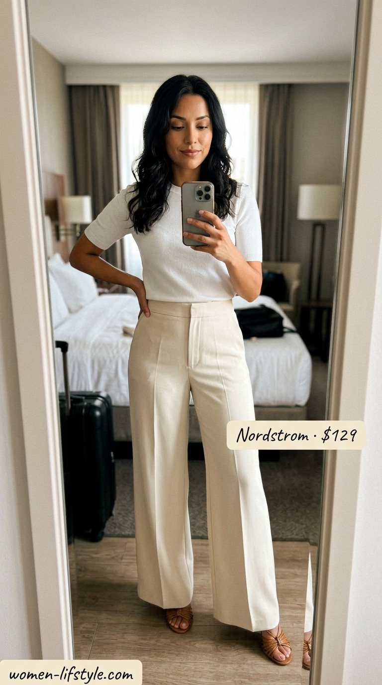 Beige tailored pants and stripe tee for summer vacation in Europe outfits for women 2026. Smart casual Rome exploration outfit with black mules.