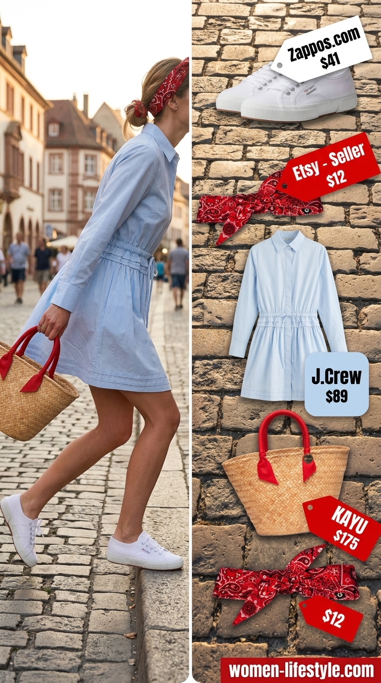 Sky blue shirt dress for summer vacation in Europe outfits for women 2026. Retro picnic style with red bandana and canvas sneakers.