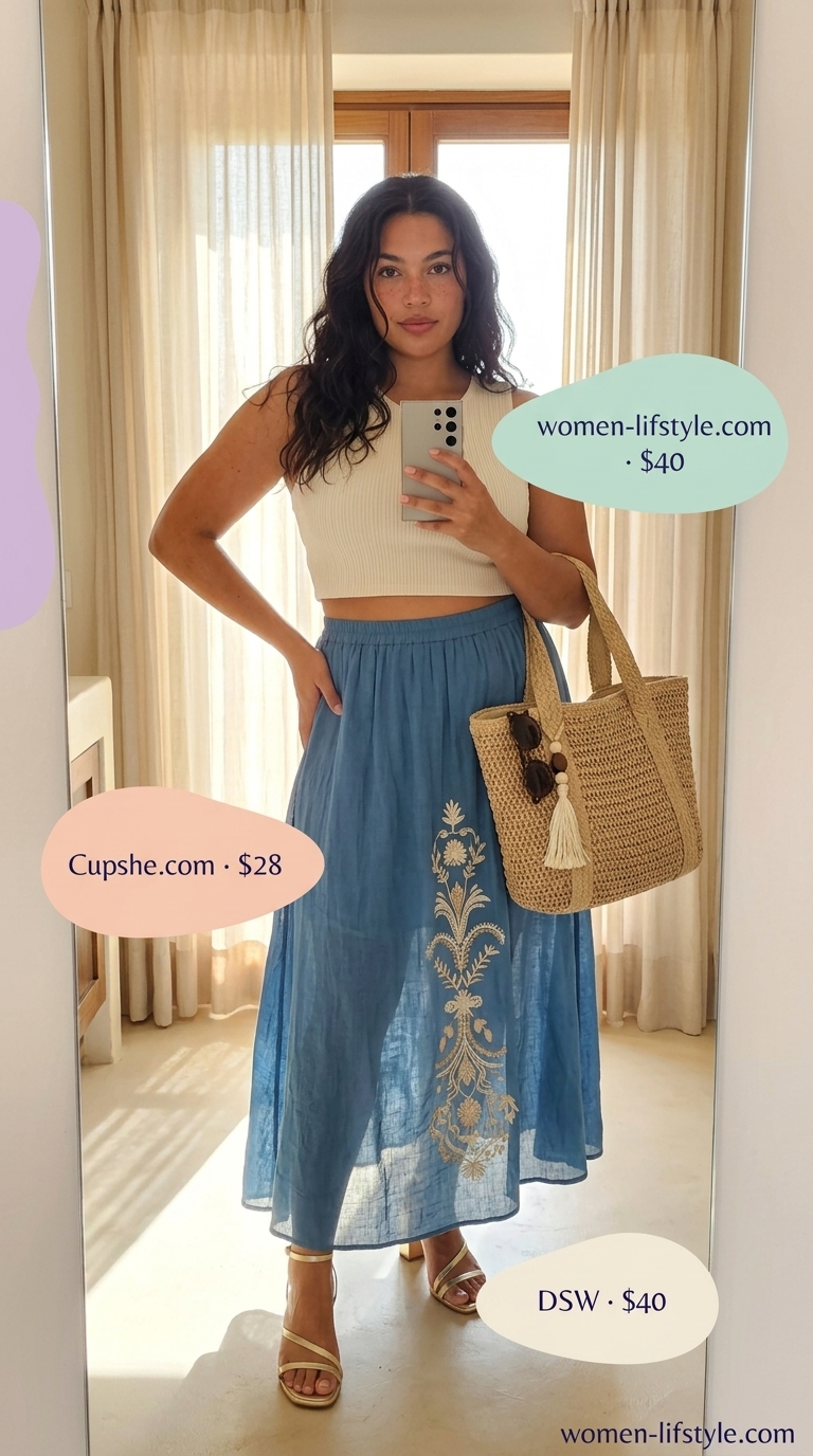 Aegean blue maxi skirt and cream crop top for summer vacation in Europe outfits for women 2026. Bohemian beachside dinner style with embellished sandals.